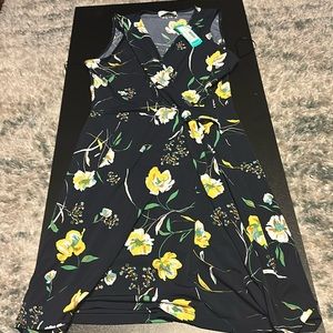 B16) floral faux wrap dress with dark blue background